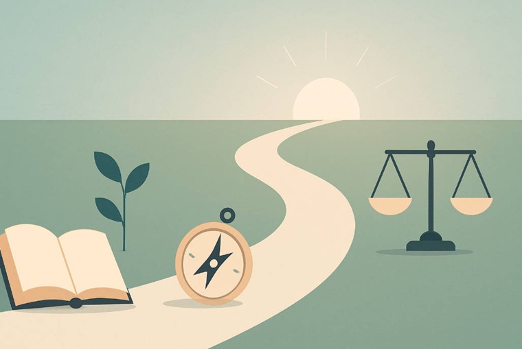 Life's journey with a path, sunrise, book, compass, and scales