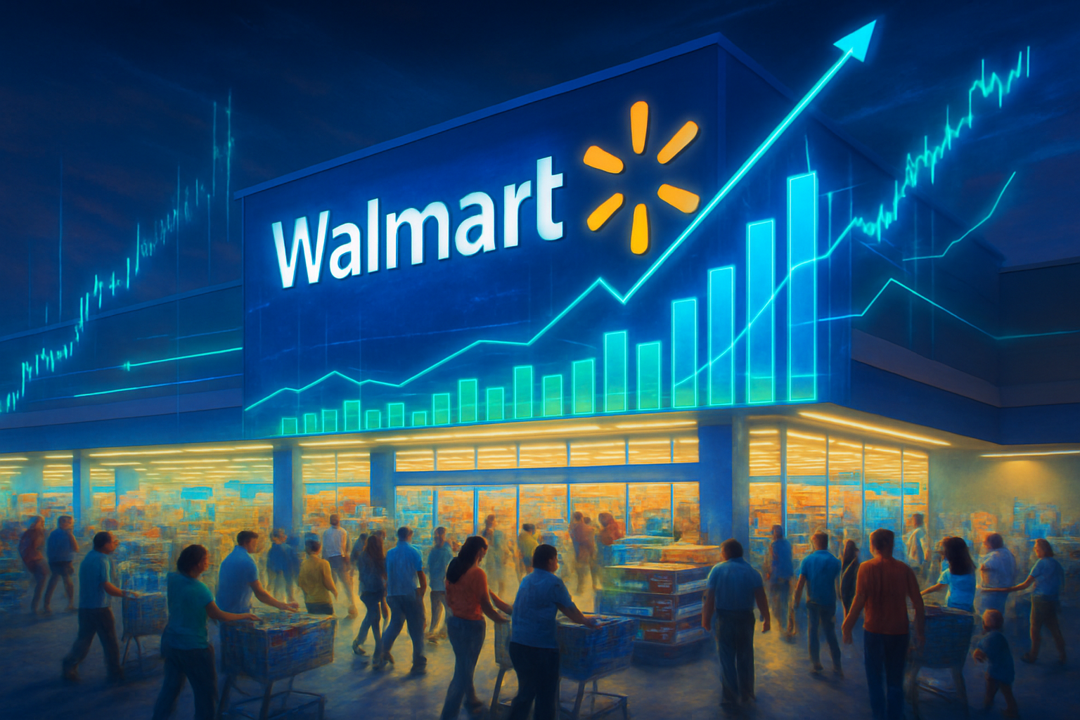 Illustration of Shoppers going to Walmart and a chart showing going upwards