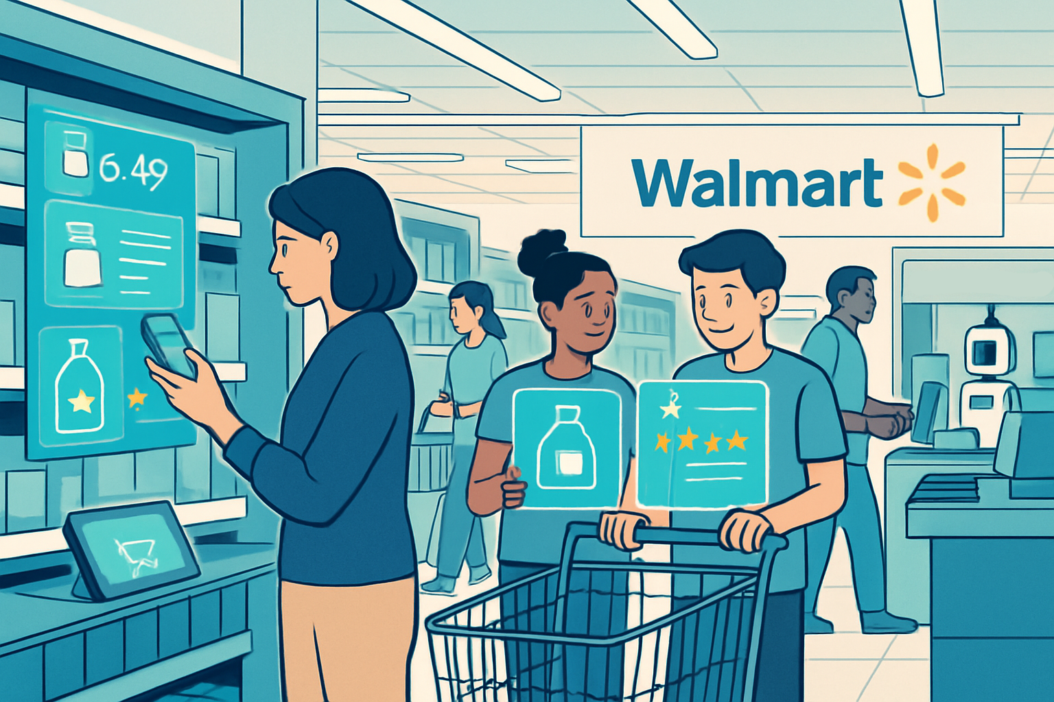 Illustration of shoppers at Walmart