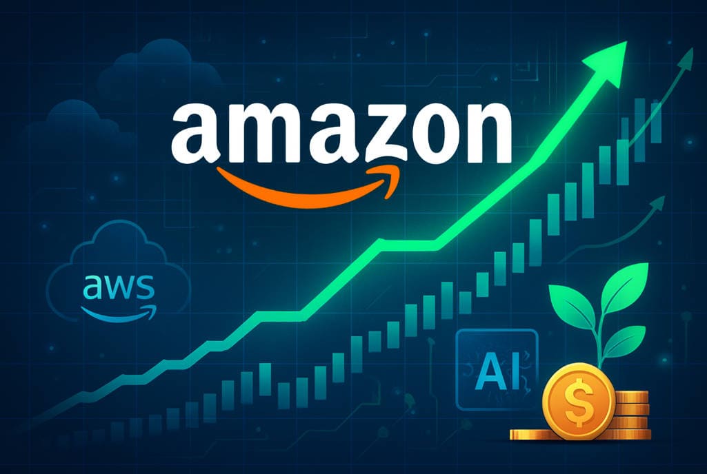 Amazon stock growth with AWS, AI, and financial symbols.