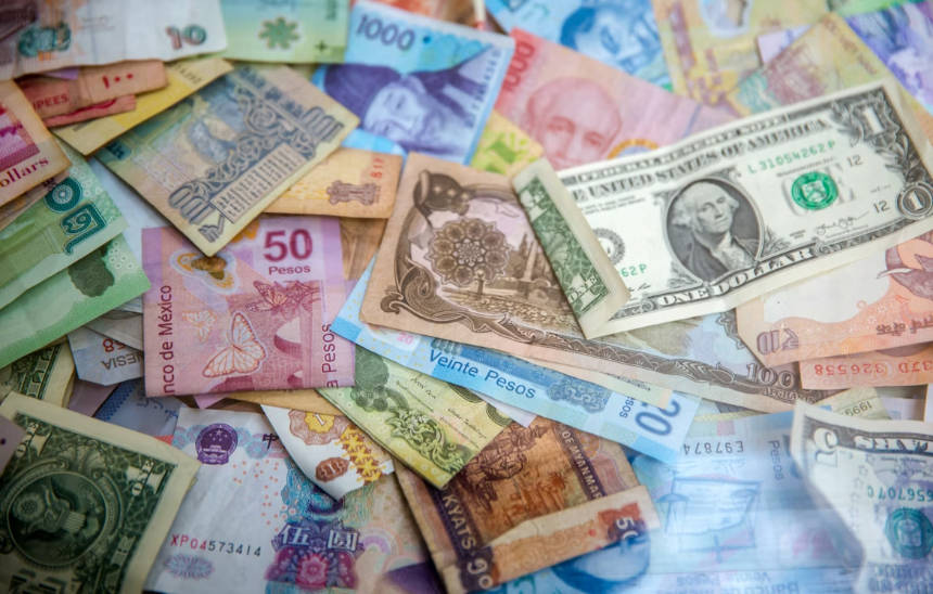 Various global currencies spread out