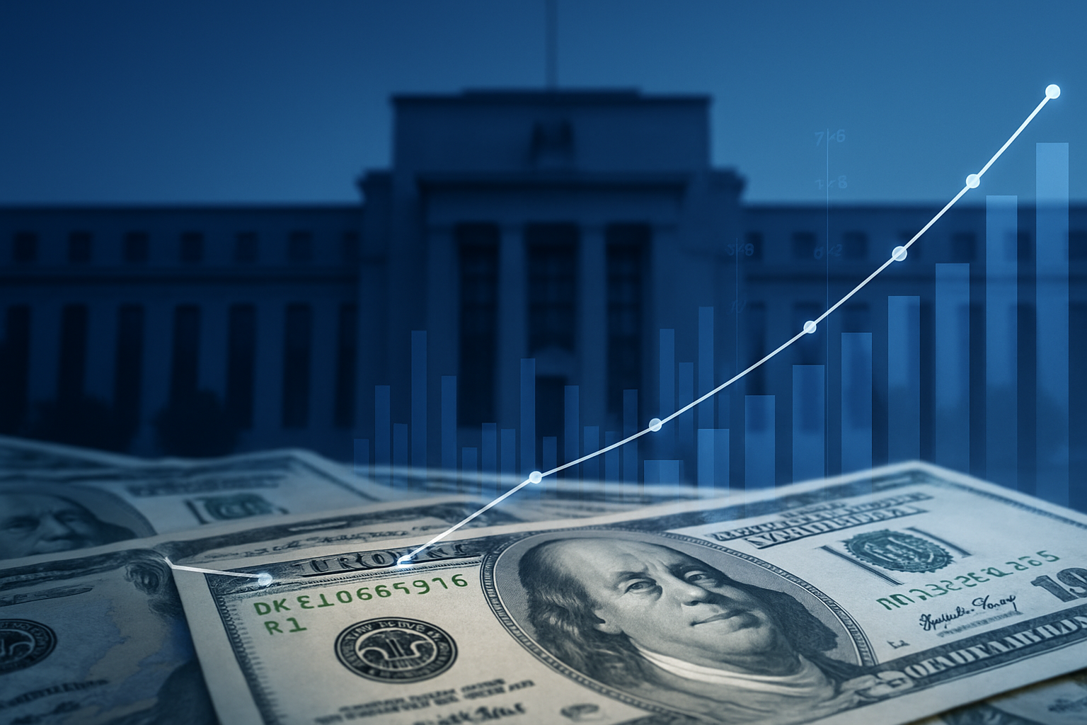 Illustration of the US Fed building and Rising CPI