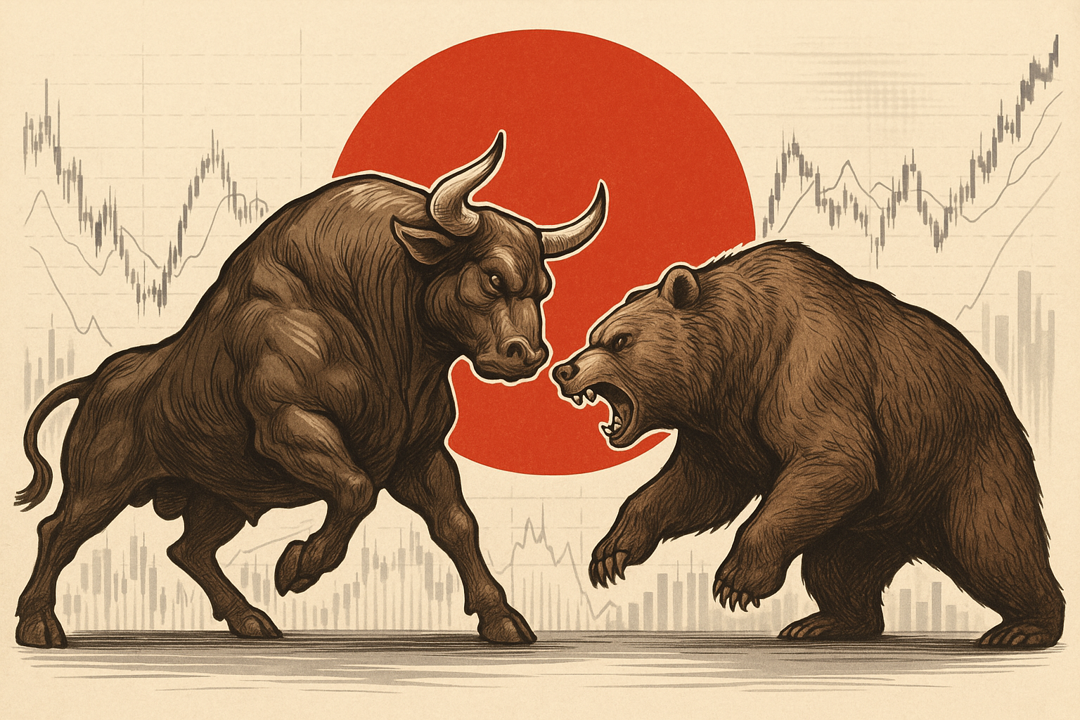 Bull and Bear Scenario Illustration of a Bull and Bear fighting with Japanese flag in background