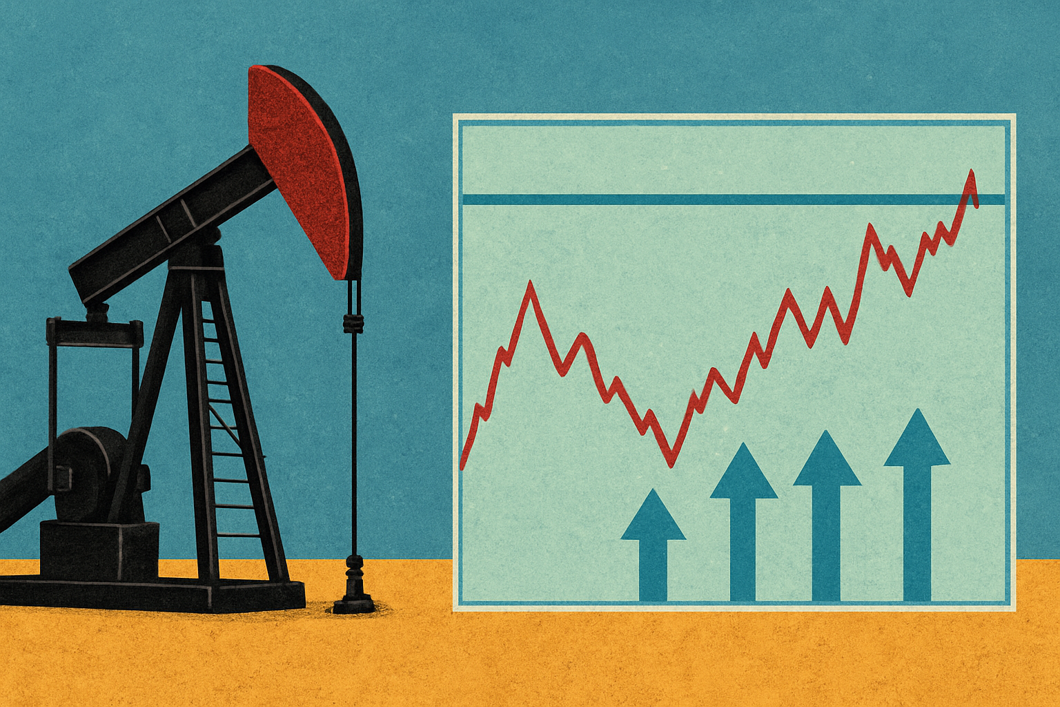 Цены на нефть колеблются Illustration of an oil rig and a price chart