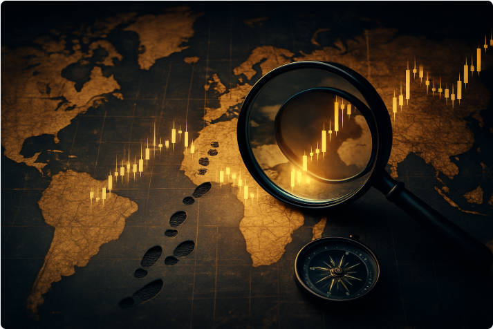 Biểu đồ phóng to trên bản đồ cổ hướng dẫn khám phá tài chính toàn cầu. Magnified chart on a vintage map guides global financial exploration.