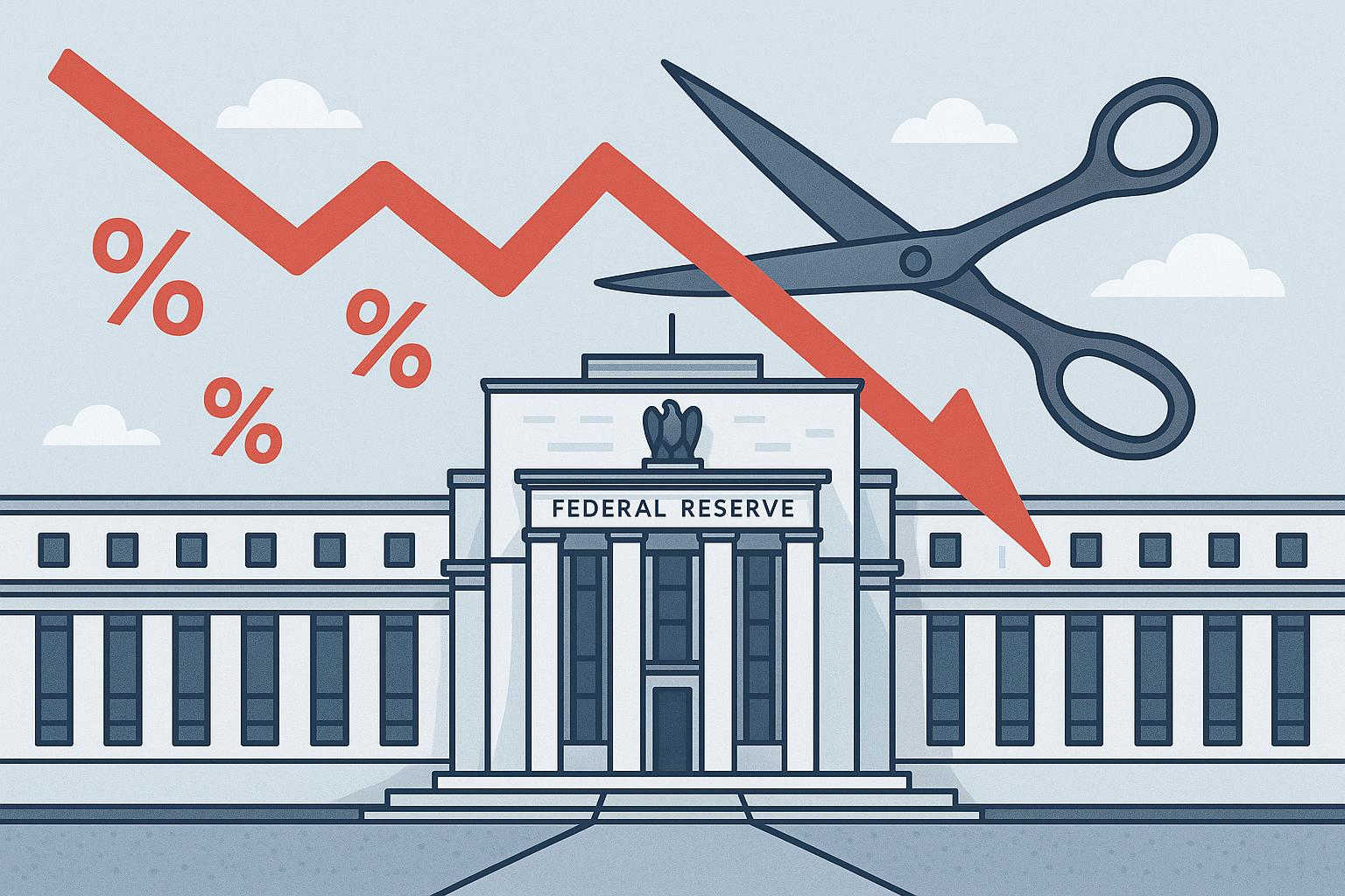 Illustration of Rate Pause and US Fed Reserve Building