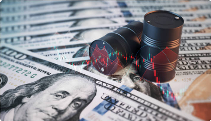 مخطط مالي يظهر براميل النفط السوداء وأكوامًا من الأوراق النقدية من فئة 100 دولار Financial chart with black oil barrels and stacks of 100 dollar bills