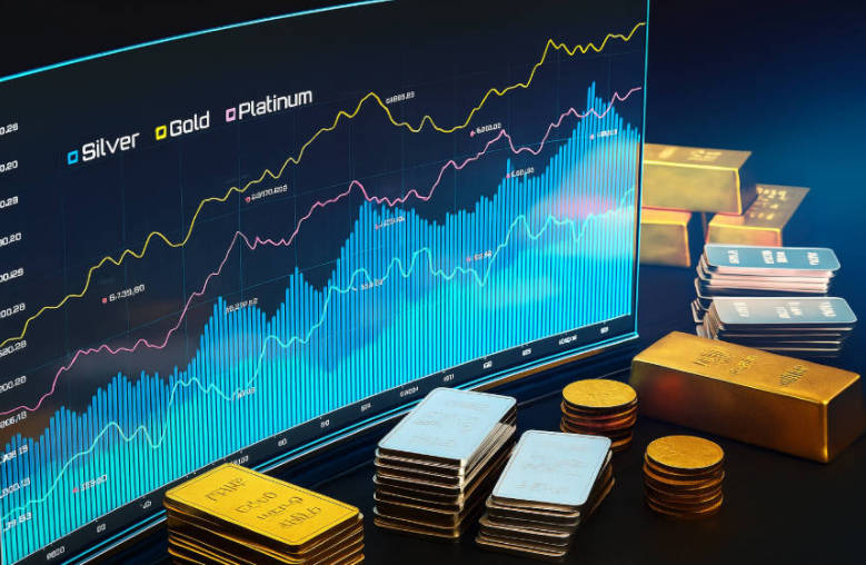 Trading monitor with price data, bar chart, and gold, silver, platinum ingots. Trading monitor with price data, bar chart, and gold, silver, platinum ingots.