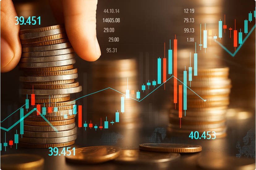Stacked coins with financial charts symbolising market growth. Stacked coins with financial charts symbolising market growth.