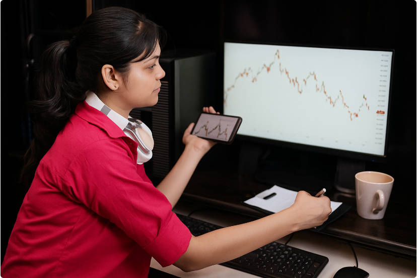 Indian woman analysing stock market data on her smartphone and computer