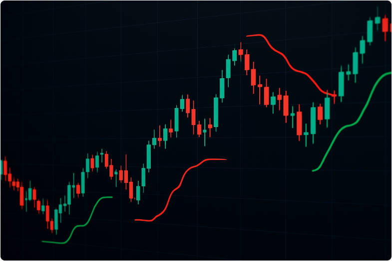 Dynamic financial chart, Chande Kroll Stop indicator, trailing price action. Dynamic financial chart, Chande Kroll Stop indicator, trailing price action.