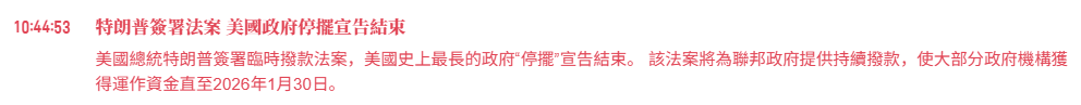 美國政府停擺結束市場報道