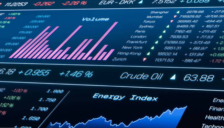 Stock market trading screen with charts, data and indices