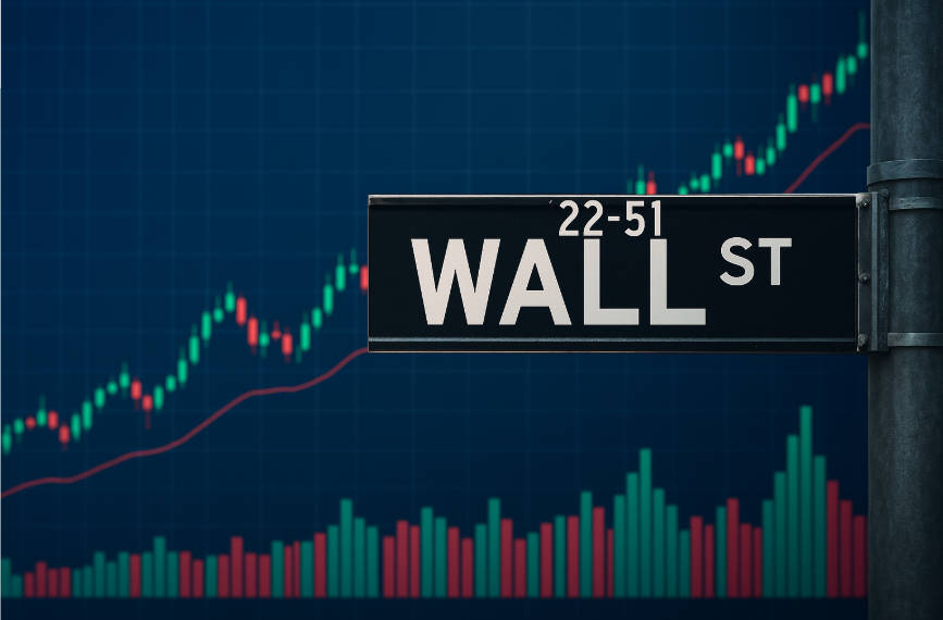Wallstreet sign with trading charts in the background