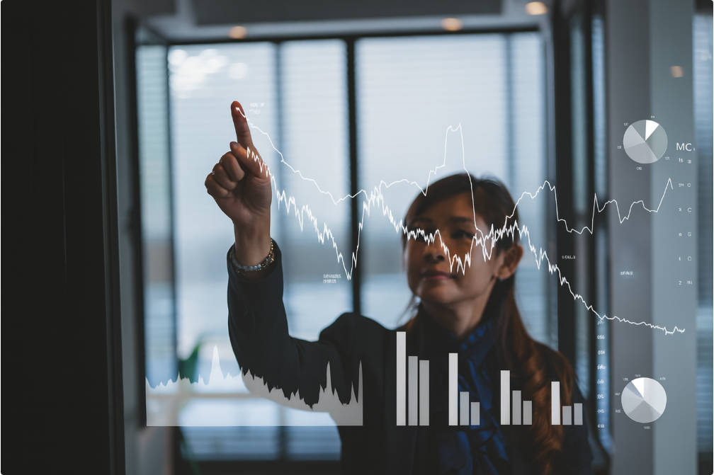 An Asian businesswoman plan growth of positive indicators in her business.