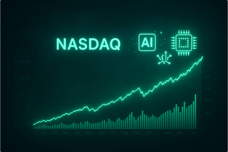 Nasdaq tech-heavy index chart rising, glowing AI and semiconductor icons floating above