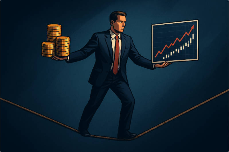 株価チャートとお金とのバランスを取るトレーダーはリスクとリターンの管理を象徴