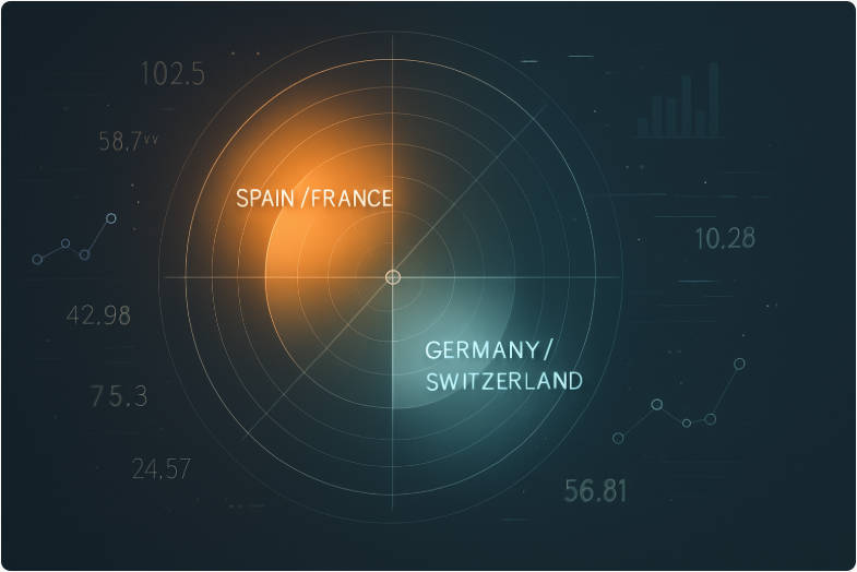 भविष्यवादी रडार स्पेन और फ्रांस को स्थिर, जर्मनी और स्विट्जरलैंड को कमजोर दिखा रहा है Futuristic radar showing Spain&France stable, Germany&Switzerland weak