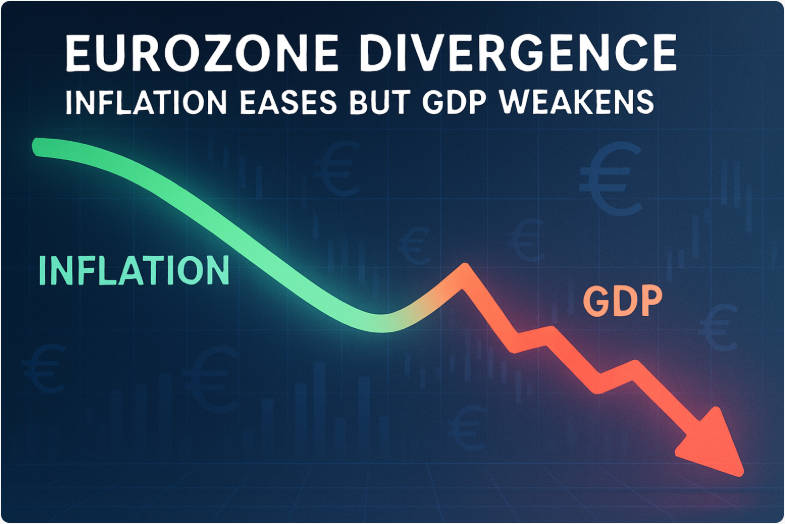 यूरोज़ोन विचलन - मुद्रास्फीति कम हुई लेकिन जीडीपी कमज़ोर हुई Eurozone Divergence - Inflation Eases but GDP Weakens