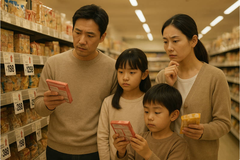 A Japanese family shopping in a supermarket