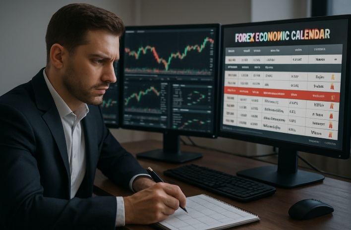 Trader planificando con un calendario forex