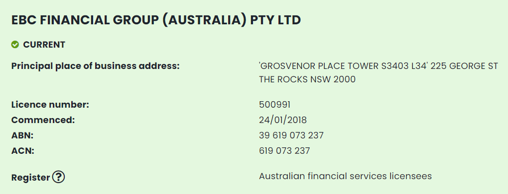 EBC金融集團受ASIC監管狀態 EBC金融集團受ASIC監管狀態