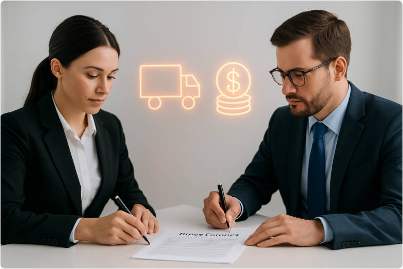 Two business people signing a private contract over a desk