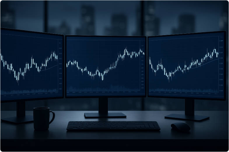 A sleek modern trading desk with multiple forex charts