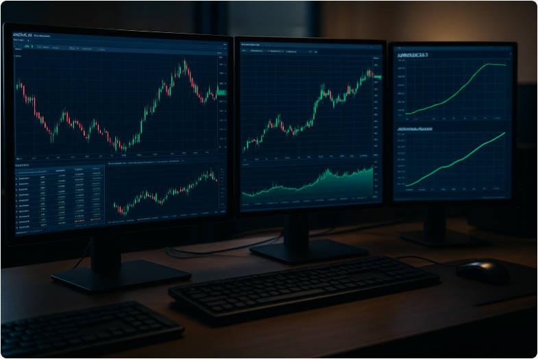 مكتب تداول حديث مزود بشاشات متعددة لعرض رسوم بيانية لسوق الفوركس A modern trading desk with multiple screens showing forex charts