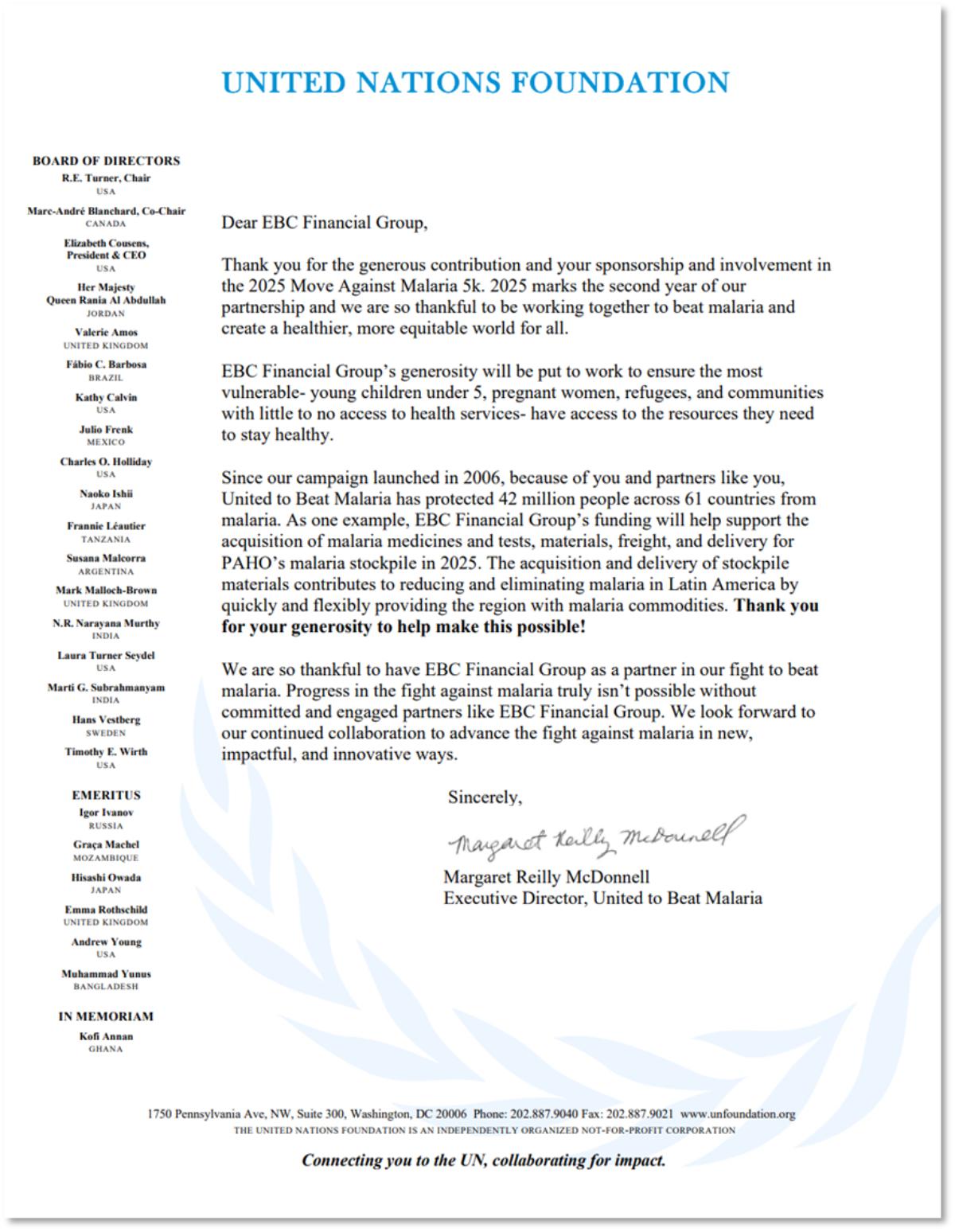 EBC收到的聯合國基金會感謝信 EBC收到的联合国基金会感谢信