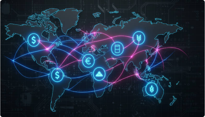 تم وضع أيقونات العملات وأيقونات السلع في قارات مختلفة Currency icons and commodity icons placed on different continents