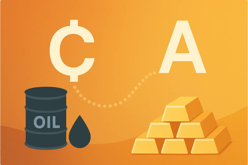 رموز الدولار الكندي والدولار الأسترالي موضوعة فوق صور النفط والذهب Canadian dollar and Australian dollar symbols layered over oil and gold imagery