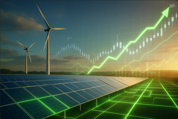 風力タービン、太陽光パネル、グリーン電力網のある風景 A landscape with wind turbines, solar panels, and green power grids