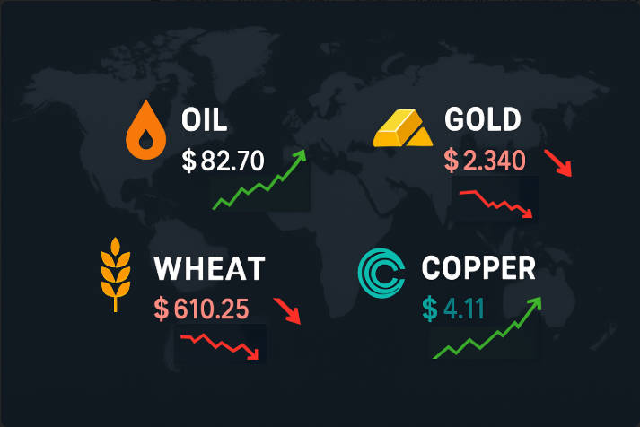 A global map with icons representing different commodities (oil, gold, wheat, copper, etc.) A global map with icons representing different commodities (oil, gold, wheat, copper, etc.)