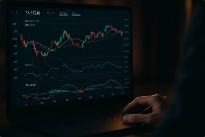 A close-up image of a trading platform with candlestick charts