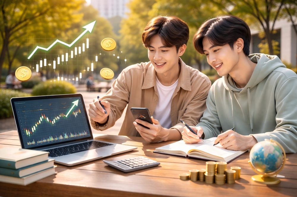 株式投資を検討している二人の大学生