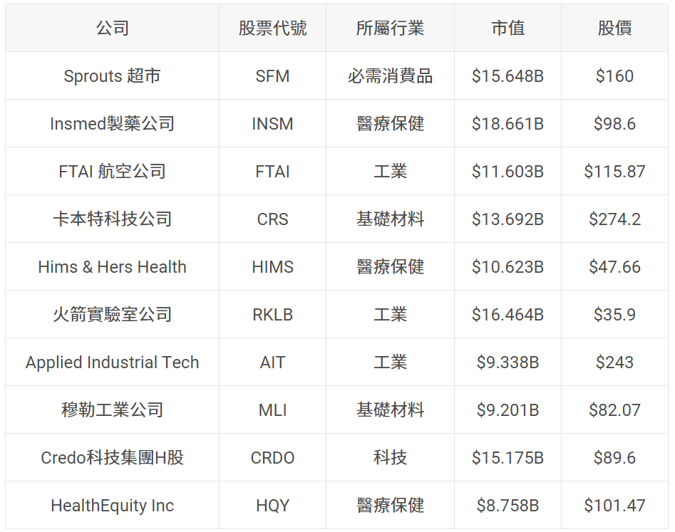羅素2000指數前十大成分股（截至25年7月）