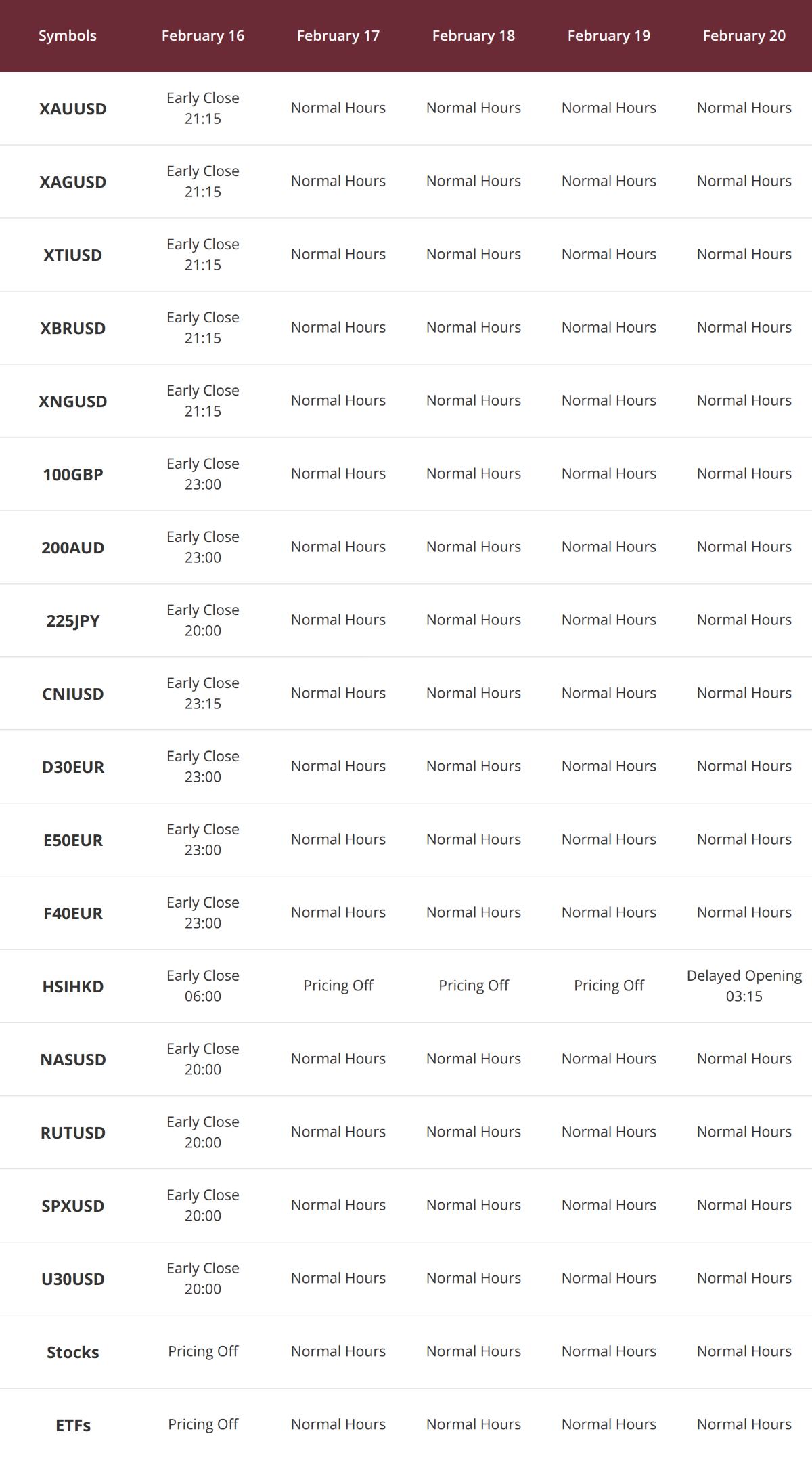 Holiday Trading Schedule