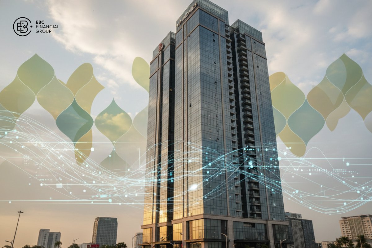 Ảnh đại hội cổ đông hoặc tòa nhà trụ sở Vinhomes kết hợp đồ họa hai lớp