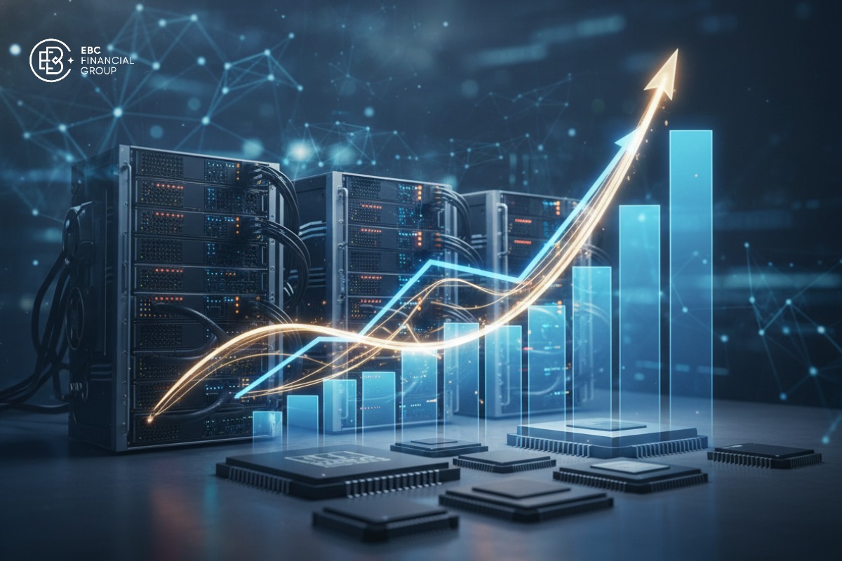 Cụm máy chủ AI và chip bán dẫn đặt cạnh biểu đồ giá