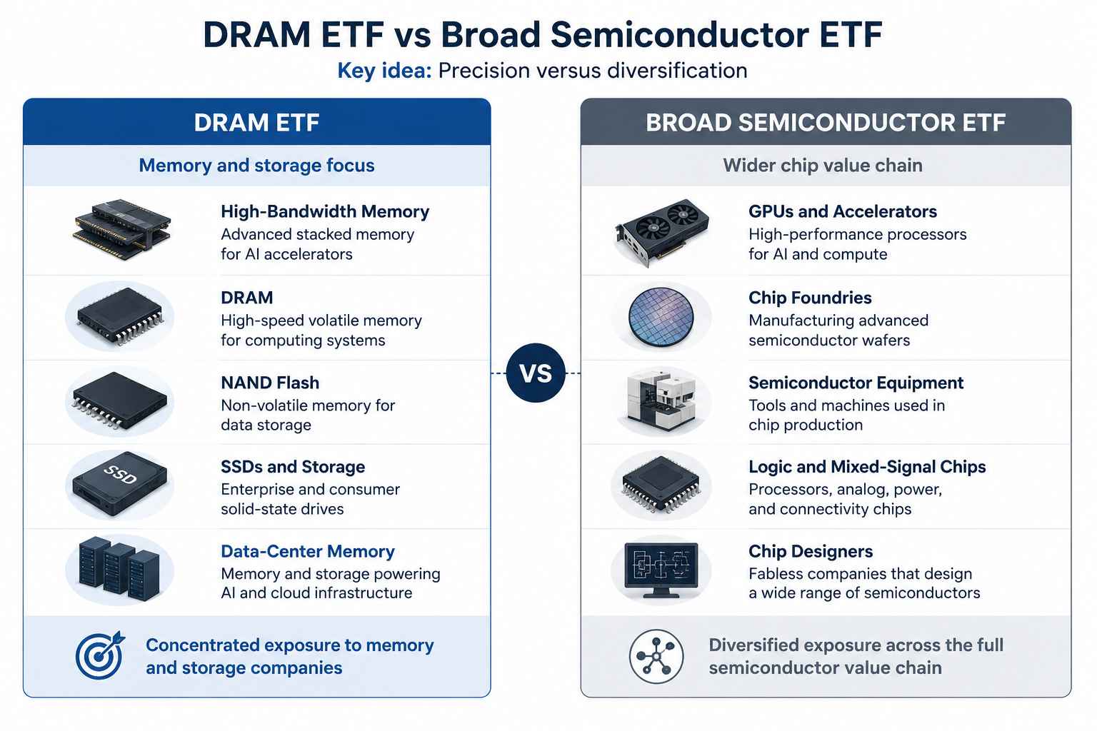 ¿Cuál es la diferencia entre un ETF de DRAM y un ETF de semiconductores? What Is The Difference Between Dram ETF And Semiconductor ETF