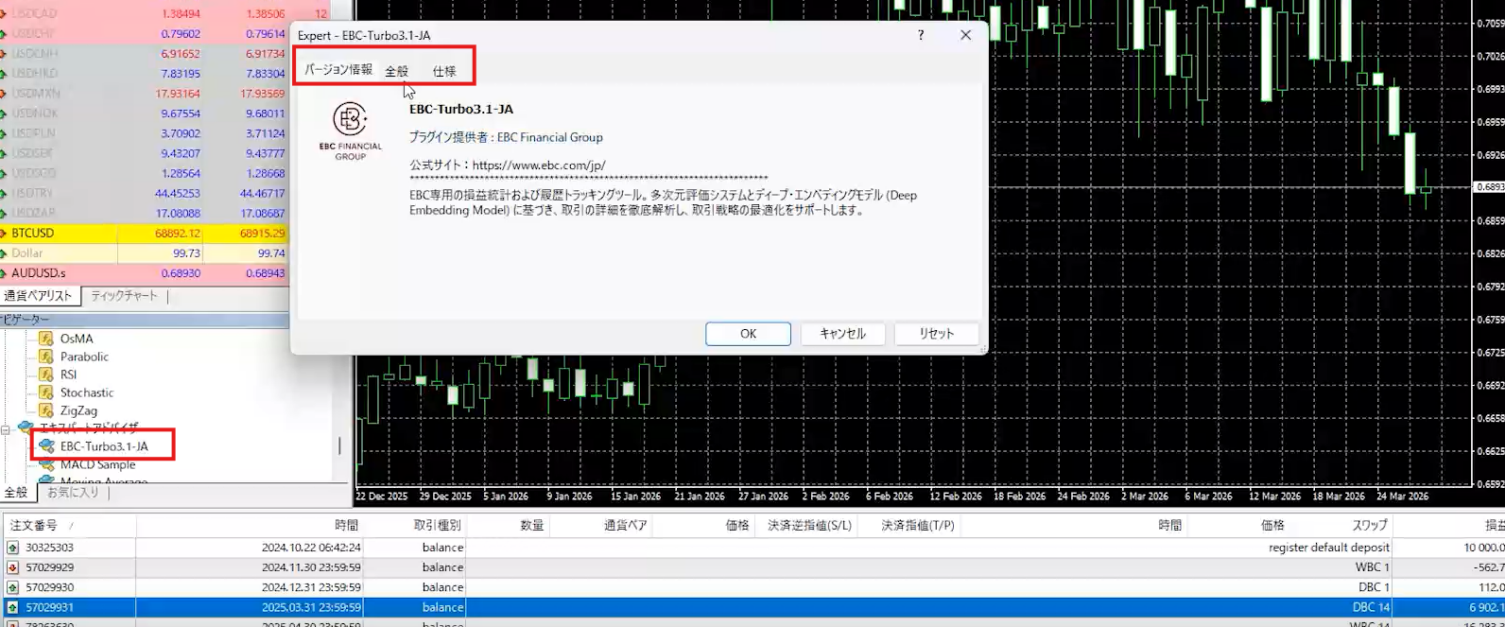 ナビゲーターで追加したMT4プラグインファイルをダブルクリックし、「バージョン情報」、「全般」、「仕様」などをご確認 ナビゲーターで追加したMT4プラグインファイルをダブルクリックし、「バージョン情報」、「全般」、「仕様」などをご確認