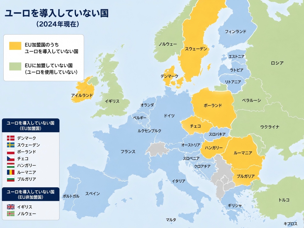 ユーロを導入していない国(ブルガリアは2026年1月以降ユーロを導入) ユーロを導入していない国(ブルガリアは2026年1月以降ユーロを導入)