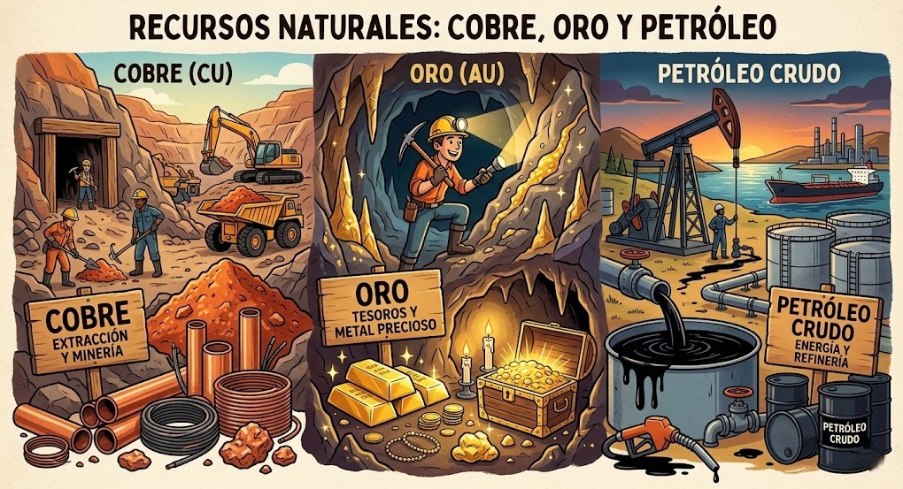 Dibujos de materias primas (recursos naturales): cobre, oro y petróleo crudo Dibujos de materias primas (recursos naturales): cobre, oro y petróleo crudo