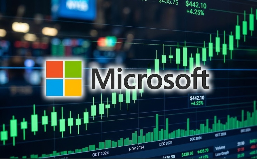 Logo de Microsoft con un fondo de acciones de Microsoft