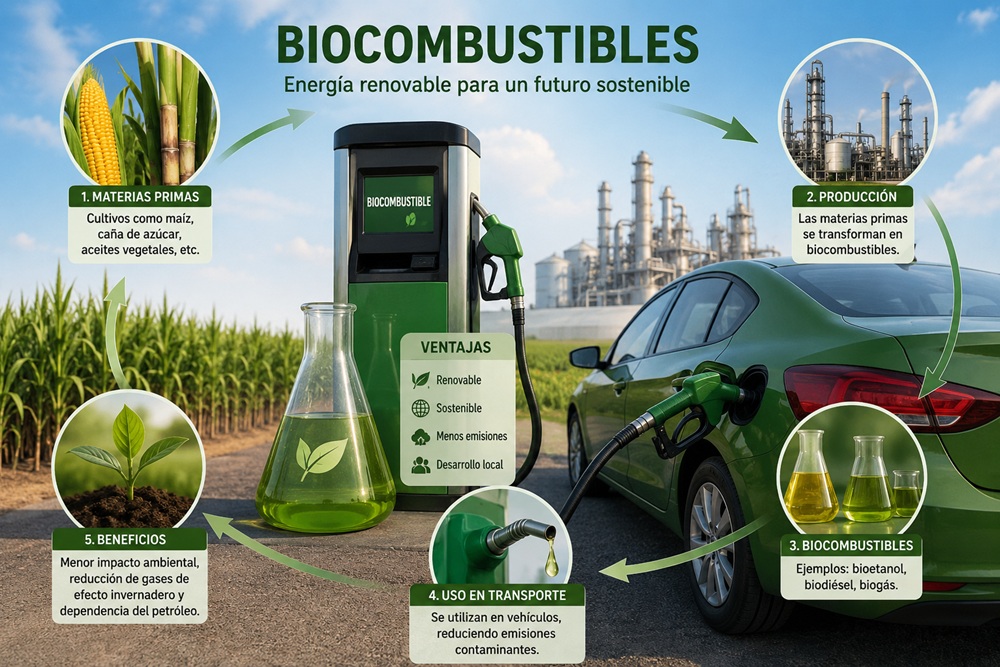 Imagen explicando los usos y beneficios del biocombustible