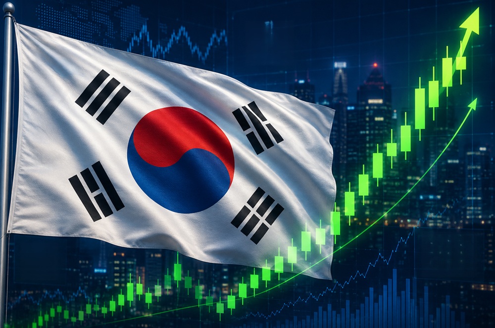 ローソク足チャート付きの韓国国旗 ローソク足チャート付きの韓国国旗