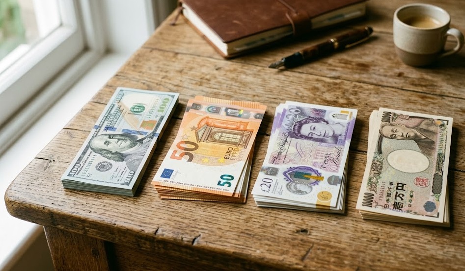 Billetes de dólares estadounidenses, euros, libras esterlinas y yenes japoneses