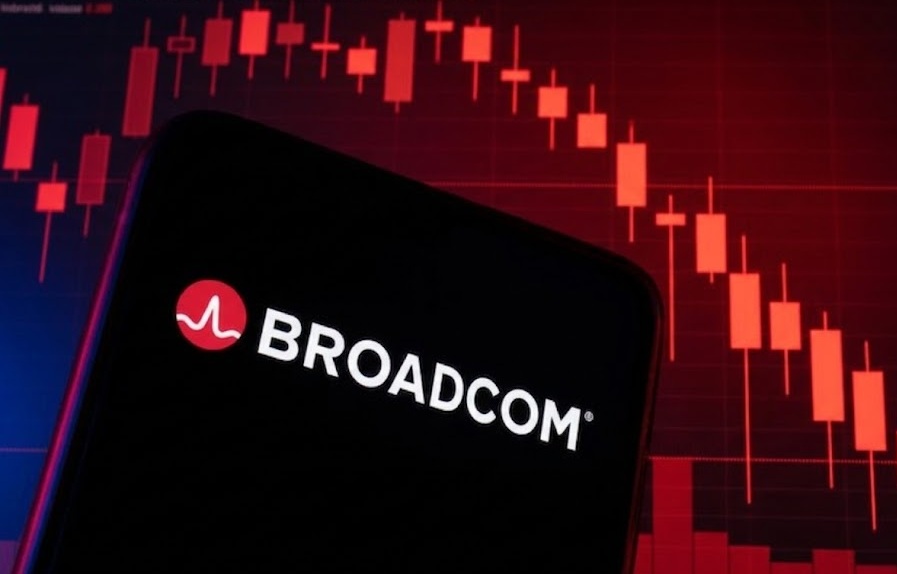 Logo de Broadcom con un fondo de velas bajistas