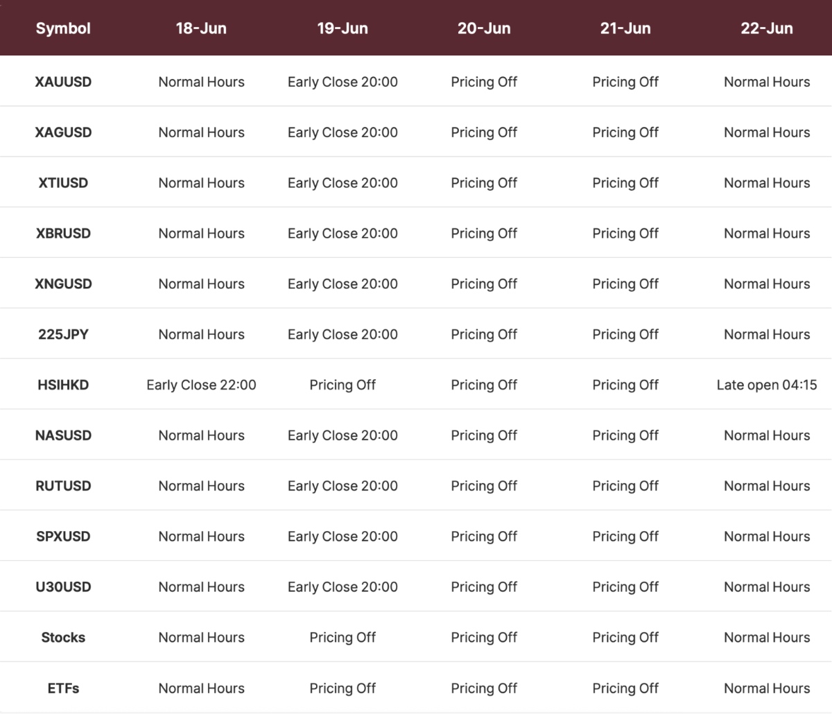 Holiday Trading Schedule Holiday Trading Schedule